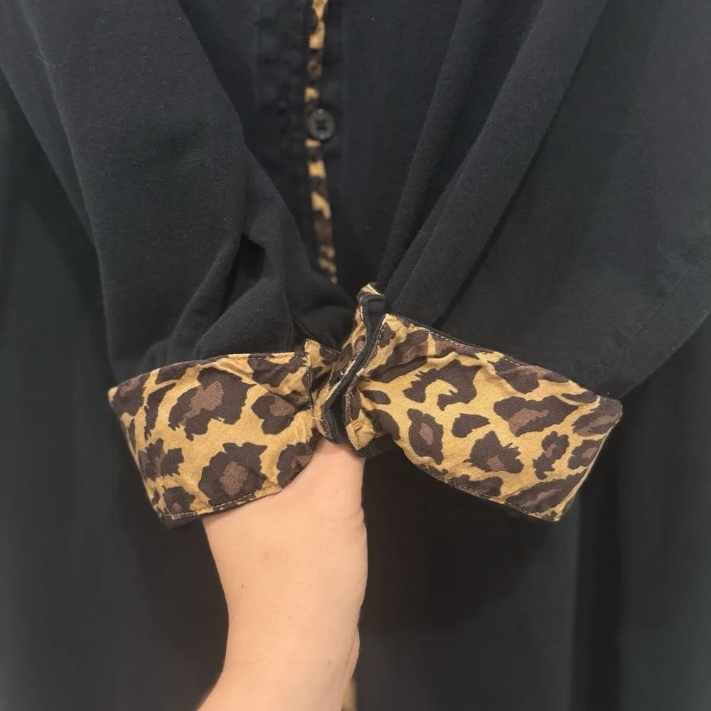 Lauren Ralph Lauren Black Leopard Print Collared 3/4 Sleeve Sleep Gown 3X XXL